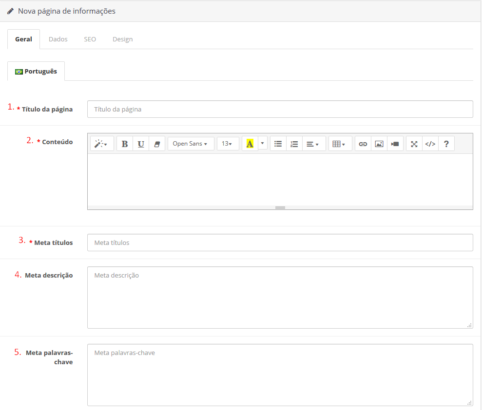 Editando página de informações